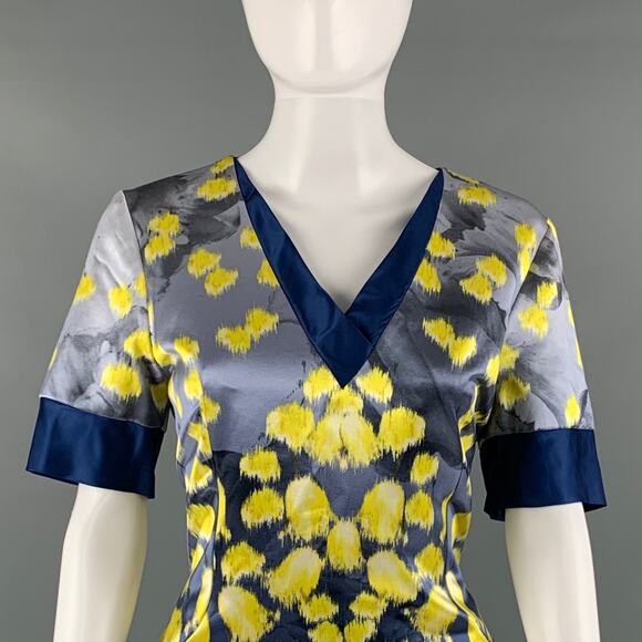 PRABAL GURUNG Size 10 Blue Yellow Cotton Silk Print A-Line Dress - Picture 2 of 6